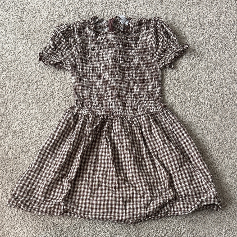 RIHOAS Brown Gingham Smocked Mini Dress with Ruffle Sleeves